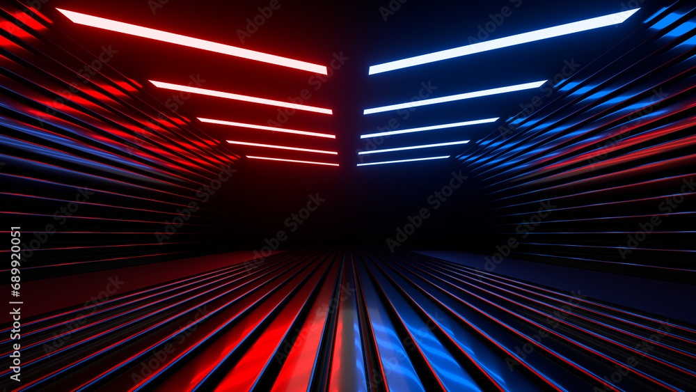 Sci Fi neon glowing lines in a dark tunnel. Reflections on the floor and ceiling. 3d rendering image. Abstract glowing lines. Technology futuristic background. - obrazy, fototapety, plakaty 