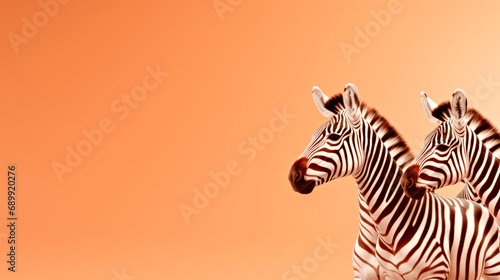 Fototapeta Naklejka Na Ścianę i Meble -  A couple of zebra standing next to each other. Monochrome peach fuzz background.