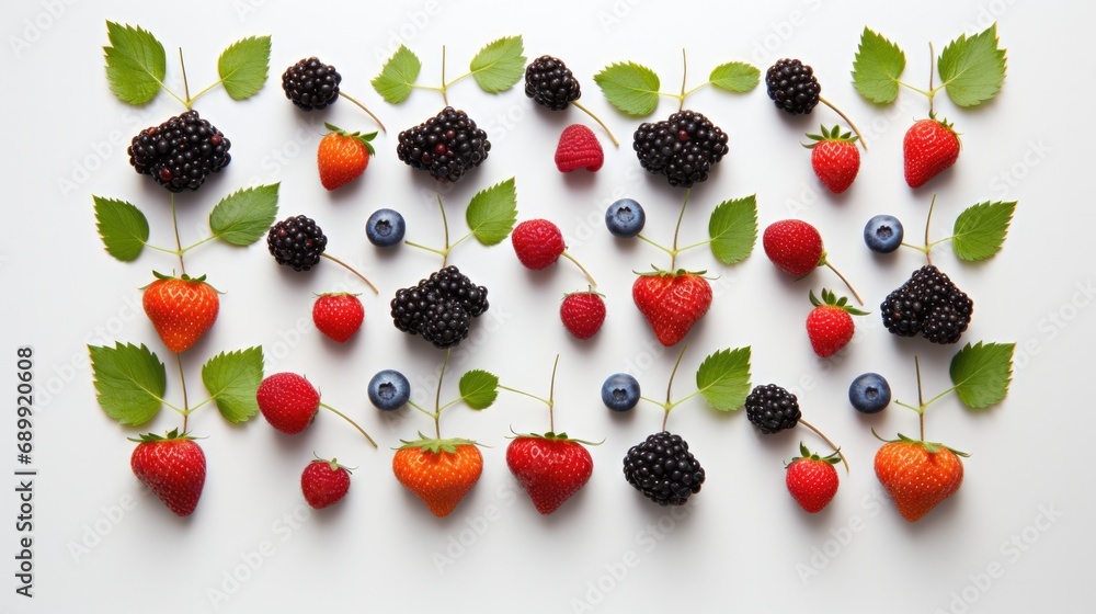 A group of strawberries, raspberries, and blueberries on a white surface. Generative AI. A group of strawberries, raspberries, and blueberries on a white surface. Generative AI.