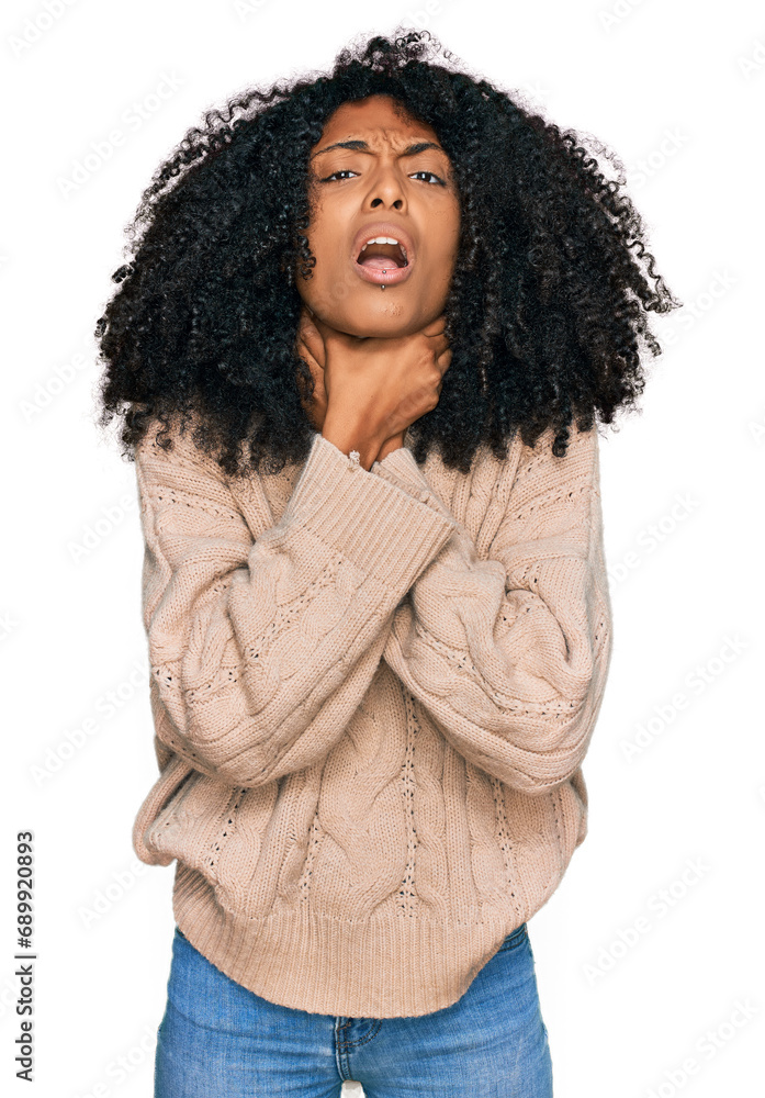 Young african american girl wearing casual clothes shouting and suffocate because painful strangle. health problem. asphyxiate and suicide concept. Young african american girl wearing casual clothes shouting and suffocate because painful strangle. health problem. asphyxiate and suicide concept.
