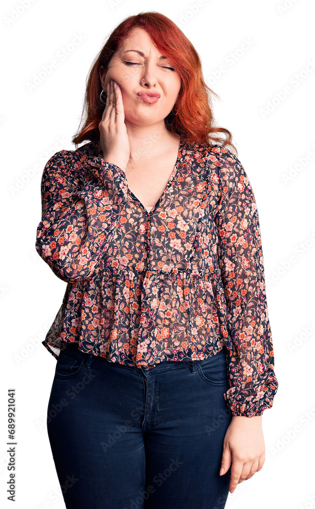 Young beautiful redhead woman wearing casual t-shirt touching mouth with hand with painful expression because of toothache or dental illness on teeth. dentist Young beautiful redhead woman wearing casual t-shirt touching mouth with hand with painful expression because of toothache or dental illness on teeth. dentist