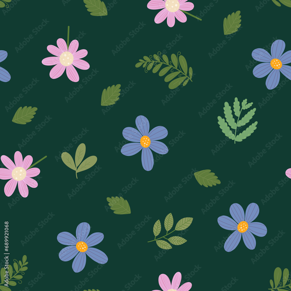 Cosmos flowers seamless pattern. Mexican aster allover print. Hand drawn pink and purple scattered flowers and leaves on green background