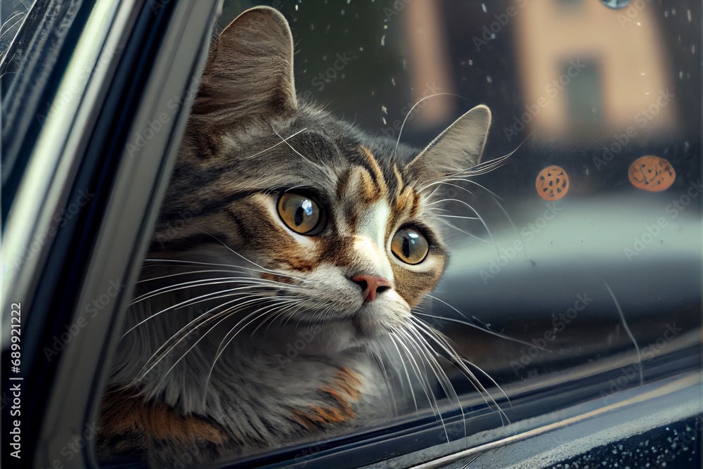 Cat happy with her head out of car window
