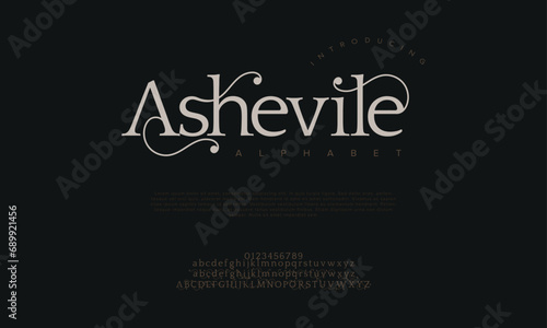 Ashevile premium luxury elegant alphabet letters and numbers. Elegant wedding typography classic serif font decorative vintage retro. Creative vector illustration