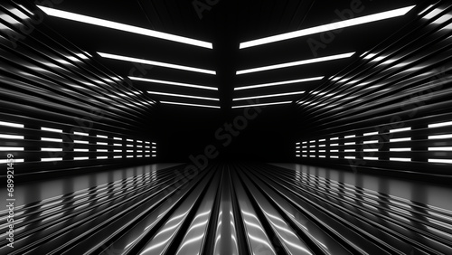 Sci Fi neon glowing lines in a dark tunnel. Reflections on the floor and ceiling. 3d rendering image. Abstract glowing lines. Technology futuristic background.