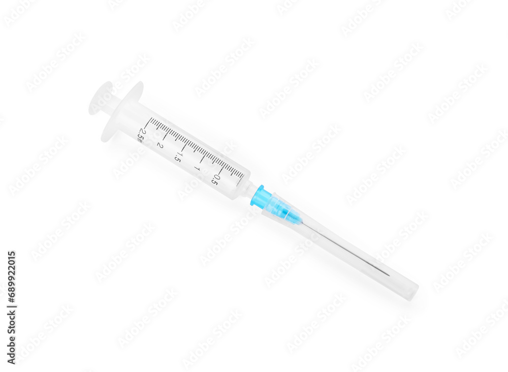 New medical syringe with needle isolated on white, top view New medical syringe with needle isolated on white, top view