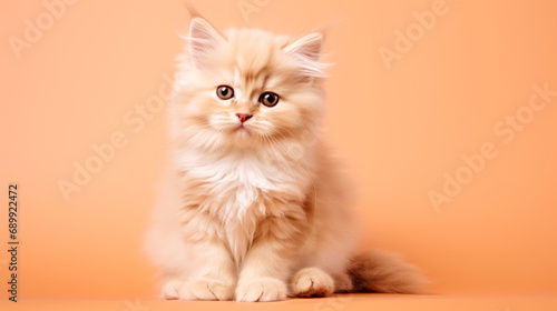 A fluffy kitten sitting on an orange surface. Monochrome peach fuzz background.