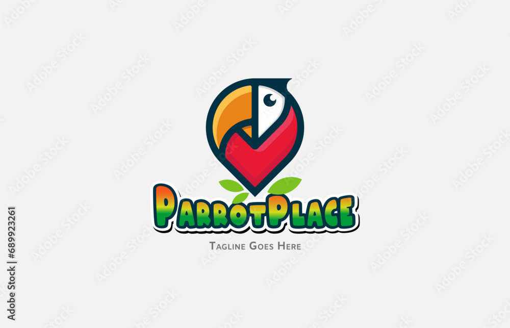 Parrot logo design. Geometric parrots shape to form a location pin icon. vector illustration Parrot logo design. Geometric parrots shape to form a location pin icon. vector illustration