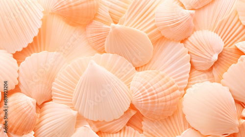 A close up of a bunch of shells. Monochrome peach fuzz background.