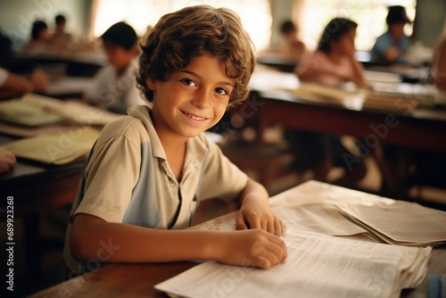 refugee boy sitting at a desk in a language school