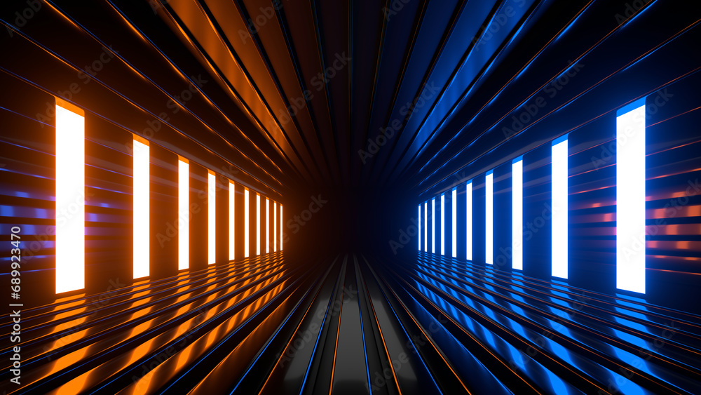 Sci Fi neon glowing lines in a dark tunnel. Reflections on the floor and ceiling. 3d rendering image. Abstract glowing lines. Technology futuristic background.