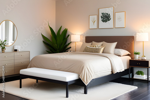 King-size bed with beige bed linen in adorable luxury bedroom. Light modern bedroom with tropical plant and blank photo frame. Bedroom interior