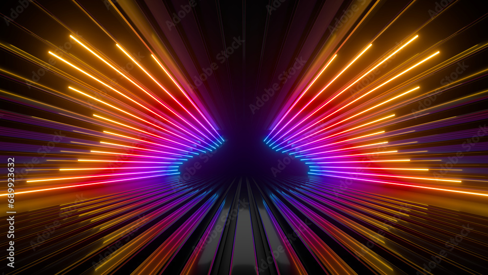 Sci Fi neon glowing lines in a dark tunnel. Reflections on the floor and ceiling. 3d rendering image. Abstract glowing lines. Technology futuristic background.