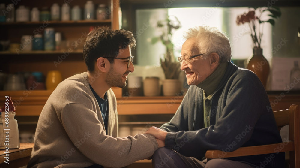 Two men sitting at a table talking to each other. Two men sitting at a table talking to each other.