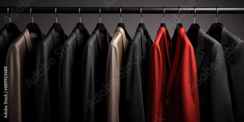 A row of suits hanging on a rail.