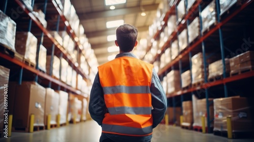 A man in an orange vest standing in a warehouse. photo