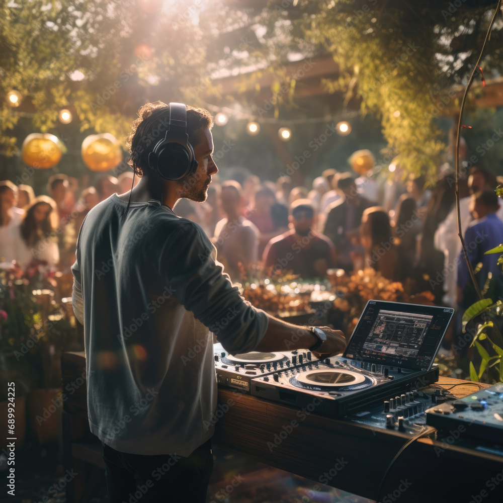 Man wearing headphones plays music for the crowd at a backyard outdoor party Man wearing headphones plays music for the crowd at a backyard outdoor party