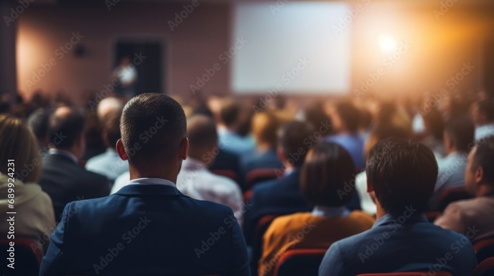 A group of people sitting in front of a projector screen.