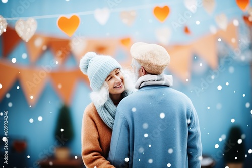 Elderly romantic couple. Boyfriend and girlfriend having fun on city street at holiday - People and travel concept