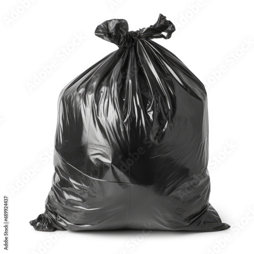 A black garbage bag on a white background.