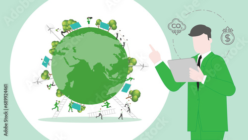 ESG sustainability business policy. Carbon credit calculate from reduce carbon footprint and carbon offset. Profit of Earth