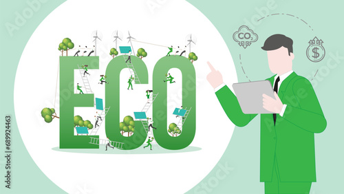 ESG sustainability business policy. Carbon credit calculate from reduce carbon footprint and carbon offset. Profit of ECO
