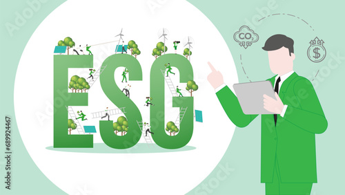 ESG sustainability business policy. Carbon credit calculate from reduce carbon footprint and carbon offset. Profit of ESG