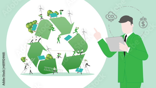 ESG sustainability business policy. Carbon credit calculate from reduce carbon footprint and carbon offset. Profit of Recycle