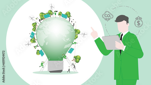 ESG sustainability business policy. Carbon credit calculate from reduce carbon footprint and carbon offset. Profit of Earth