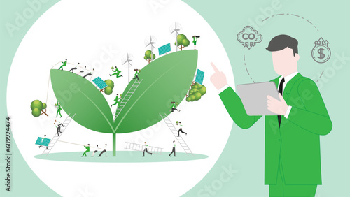 ESG sustainability business policy. Carbon credit calculate from reduce carbon footprint and carbon offset. Profit of Plant seeding