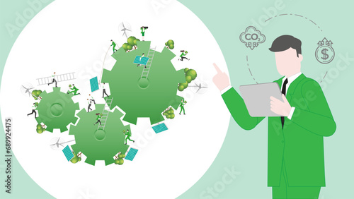 ESG sustainability business policy. Carbon credit calculate from reduce carbon footprint and carbon offset. Profit of driven gear