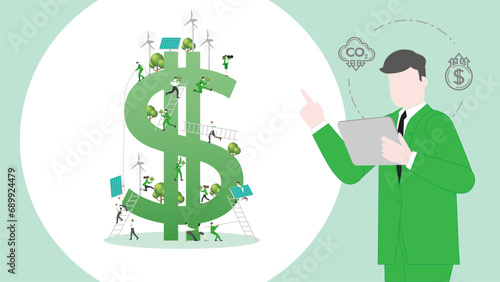 ESG sustainability business policy. Carbon credit calculate from reduce carbon footprint and carbon offset. Profit of dollar