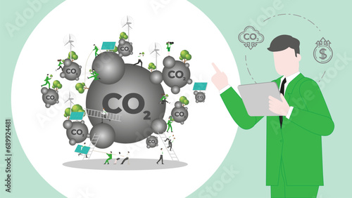ESG sustainability business policy. Carbon credit calculate from reduce carbon footprint and carbon offset. Profit of CO2