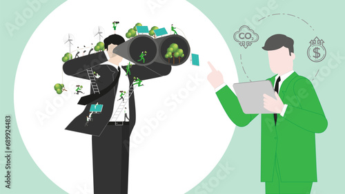 ESG sustainability business policy. Carbon credit calculate from reduce carbon footprint and carbon offset. Profit of Visionary CEO