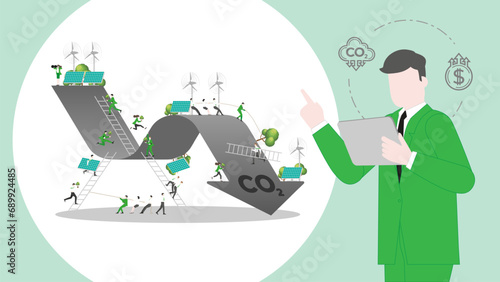 ESG sustainability business policy. Carbon credit calculate from reduce carbon footprint and carbon offset. Profit of CO2 graph