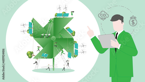 ESG sustainability business policy. Carbon credit calculate from reduce carbon footprint and carbon offset. Profit of turbine paper