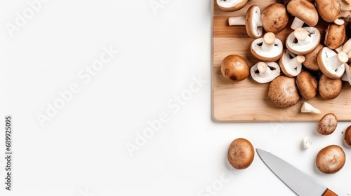 Closeup of whole raw fresh champignon mushroom on a white wooden table. Mushrooms as vegetable protein, raw food diet, vegetarianism.