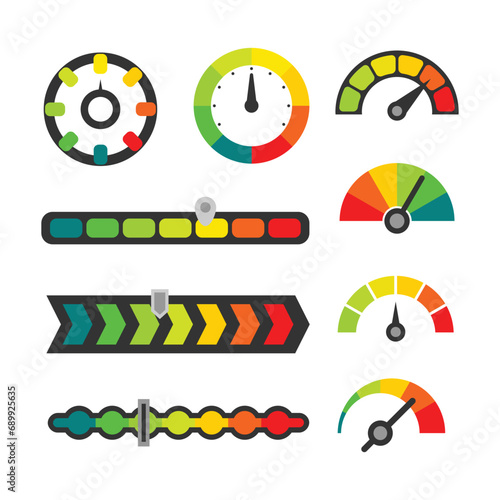 Set of Speedometer Customer Satisfaction Rating Bar Indicator, Survey Clients, Customers Experience Review Rating and Best Estimate of Performance. Concept of Client Feedback, Consumer Online report.