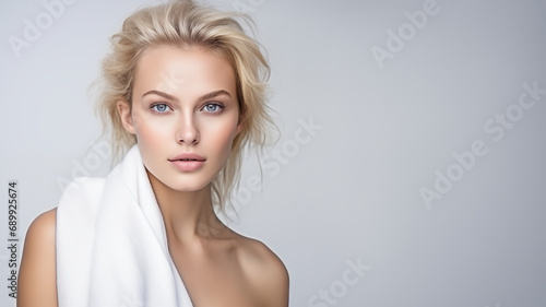Portrait of a beautiful blonde woman on gray background, Perfect clean and smooth skin. Natural makeup, wellness, wellbeing, spa, skin care concept with copy space fot text
