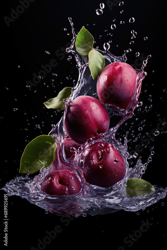 Blue plums are a beautiful picture. Plums in splashes of water. Generative AI.