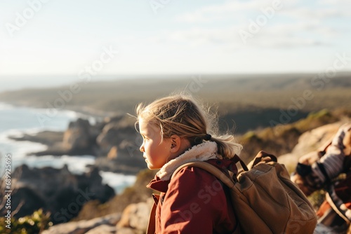 A young girl with a backpack stands on top of a mountain and admires the panorama