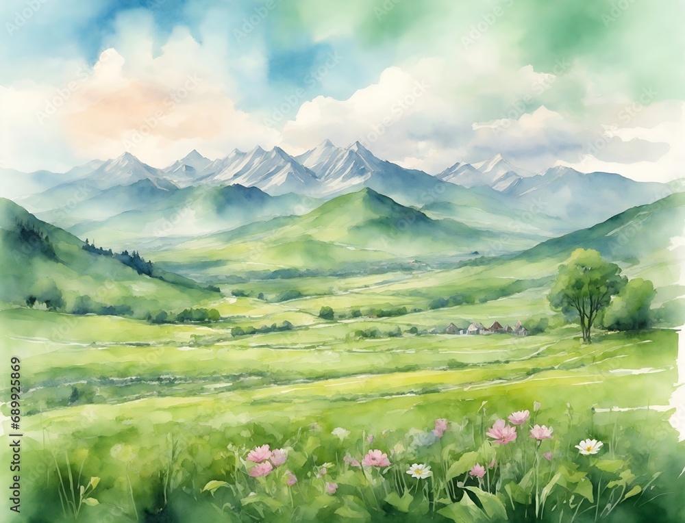 Spring landscape with mountains and green meadow watercolor illustration