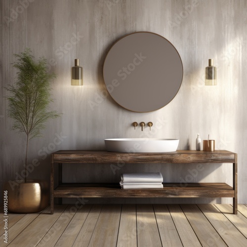 Modern Serenity  Bathroom with Wooden Table and Light