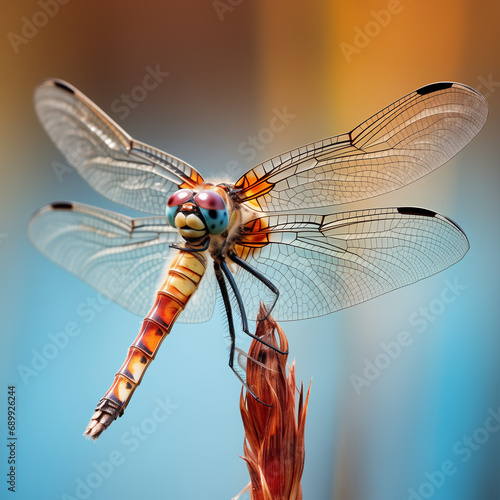 Close-up of a dragonfly on a reed, with its wings in sharp focus. The style is macro photography.