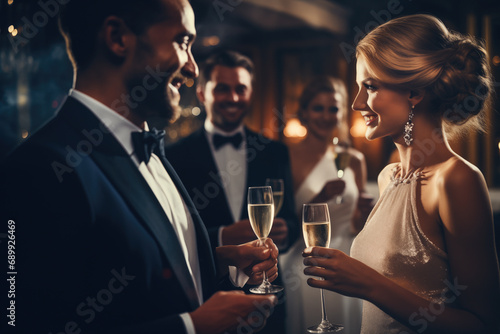 Man and woman at an elegant cocktail party hold champagne glasses and smile