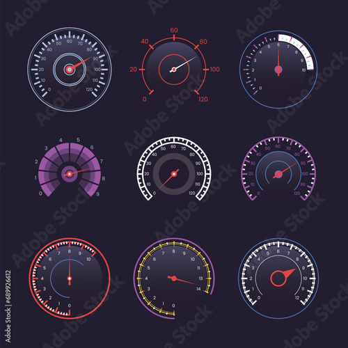 Set of Sport Car Speedometer Collection, Realistic circle Car digital dashboard display full speed, Measurement of car speed and engine revolution bar for game interface. vector illustration