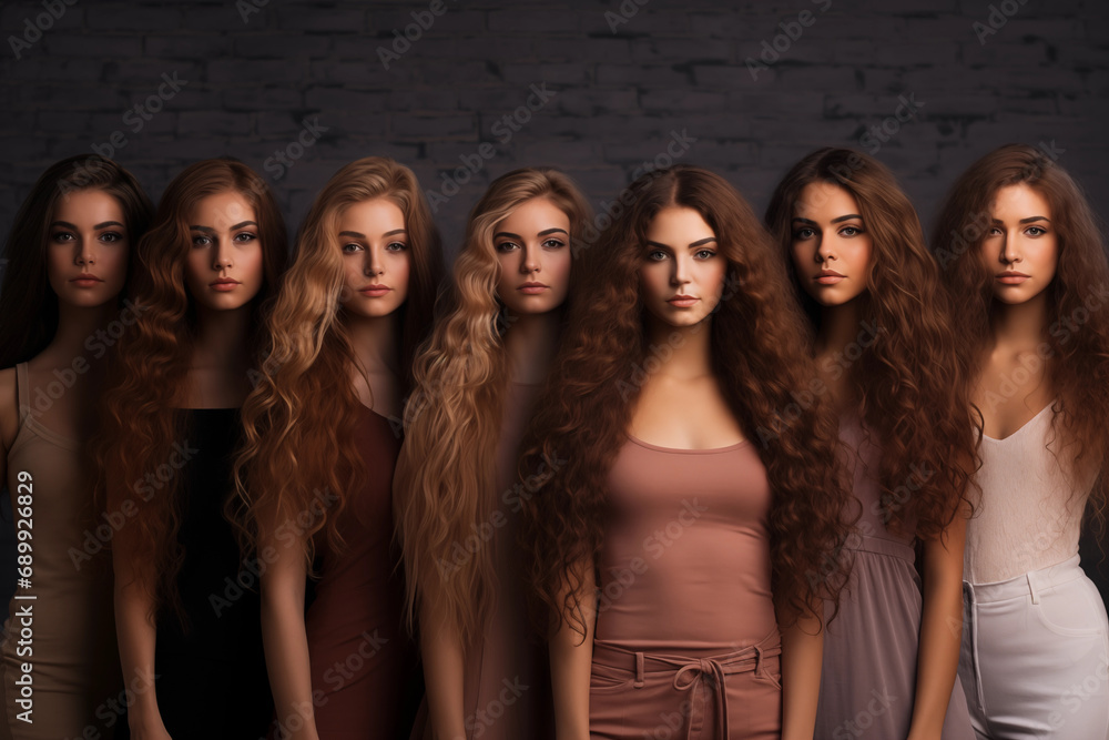 Obraz premium Five girls with long brown hair standing together and looking at the camera. Generation Ai