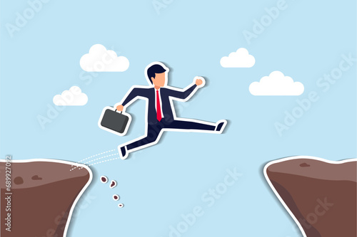 Take risk for opportunity to success, risky decision, determination or courage to overcome challenge concept, brave businessman winner jump over the cliff gap to reach success flag on other side.