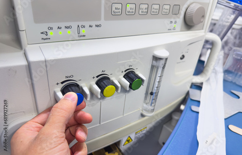 Modern hospital anesthesia machine with intricate ventilation tubing, essential for medical procedures in healthcare facilities