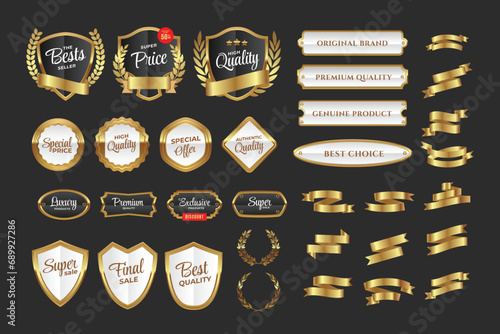 Set of Gold Seal Labels Collection, Golden luxury labels, banner, shield and ribbon,gold premium quality certificate emblems badge, Luxury VIP and premium quality sticker tags and banners best product photo